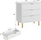 GarveeHome White Dresser, Modern 3 Drawer Dresser for Bedroom with Gold Handle and Large Drawer, Wood Double Chest of Drawers and Storage Organizer for Living Room, Hallway, Entryway