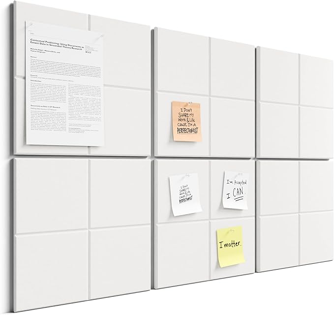 Bumusty Large Felt Bulletin Board, 36" x 24" Cork Board Alternative, 6-Pack Wall Tiles with 4-Compartment Design, 30 Push Pins, 40 Adhesive Tabs, Ideal for Office & Home Decor, Milky White
