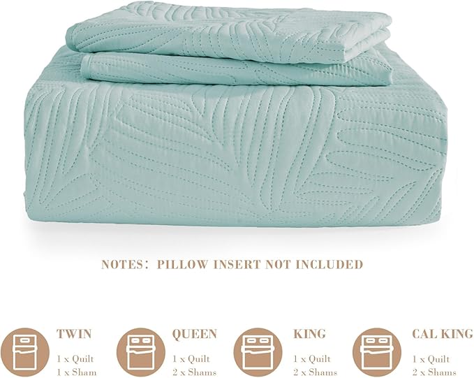 Exclusivo Mezcla King Size Quilt Bedding Set, Lightweight Aqua Blue Quilts King Size for All Seasons, Soft Microfiber Bedspreads Coverlets Bed Cover with Leaf Pattern, 3 Piece