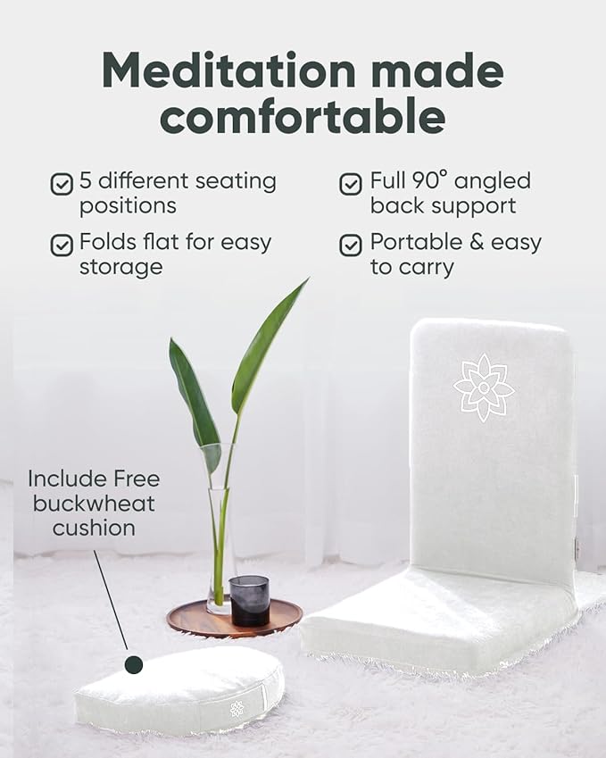 Mindful Modern Folding Pro Meditation Chair - Adjustable Meditation Seat with Back Support and Half Moon Buckwheat Meditation Cushion - Comfortable Mindfulness Living Room Floor Chair