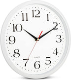 Bernhard Products White Wall Clock Silent Non Ticking, 12 Inch Quality Quartz Battery Operated Round Easy to Read Home/Office/Kitchen/Classroom/School Sweep Clock, Black Hands