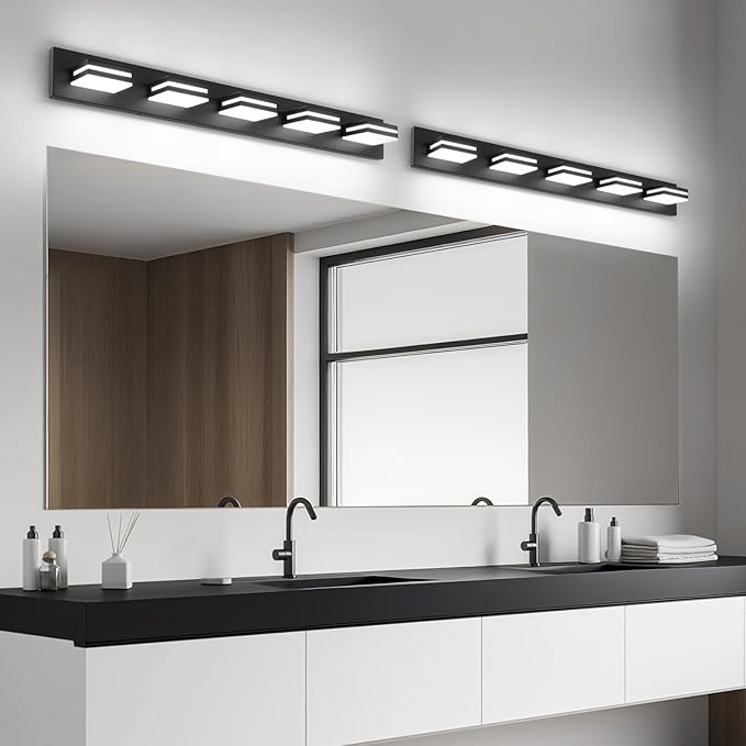 OKELI 5-Light Bathroom Vanity Light Black Modern LED Vanity Light Over Mirror Dimmable Mirror Front Lamp with 350° Adjustable Lamp Head ETL Listed 36W 6000K Cold White