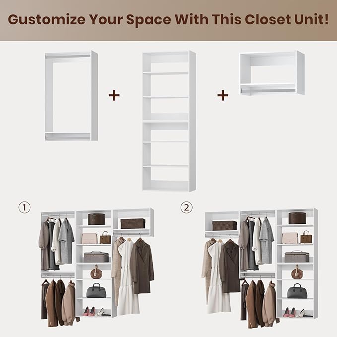 ROOMTEC Modular Closet System, 72" Wall-Mounted Closet Organizer with Hanging Rods, Modern Wooden Tower for Walk-In Closets, Wardrobe Storage Kit, White
