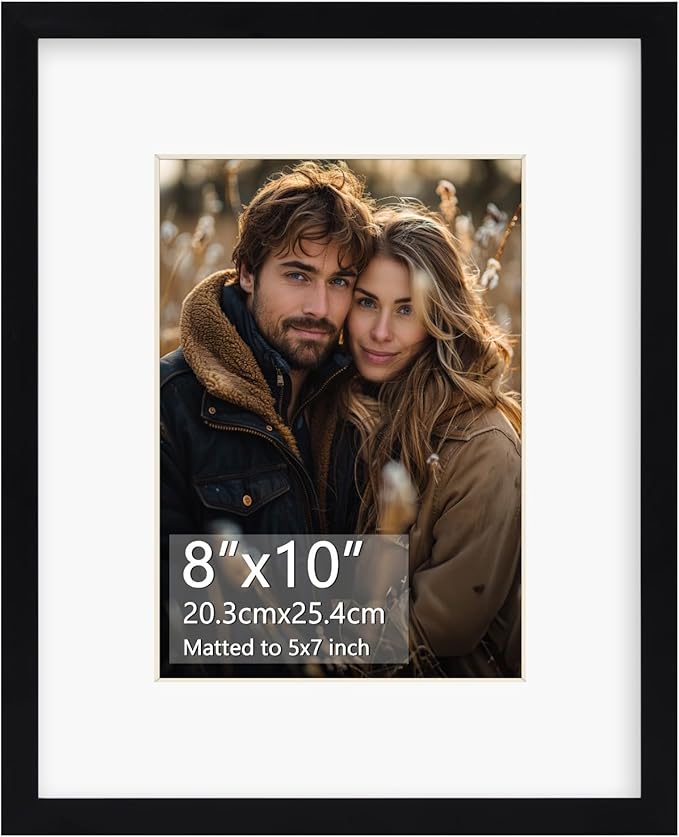 Rempry 8x10 Picture Frame, Display Pictures 5x7 with Mat or 8x10 Without Mat, Wall Hanging or Tabletop Photo Frame with Shatter Resistant Plexiglass, Black, 1 Pack