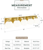 Bathroom Light Fixtures, 5-Light Brushed Gold Bathroom Vanity Lights Over Mirror with Globe Milk White Glass Shade, 32 Inch Modern Vanity Lighting Fixtures, VL195-BG-ML-5