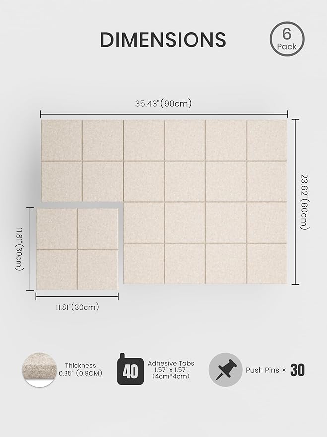 Bumusty Large Felt Bulletin Board, 36" x 24" Cork Board Alternative, 6-Pack Wall Tiles with 4-Compartment Design, 30 Push Pins, 40 Adhesive Tabs, Ideal for Office & Home Decor, Oatmeal