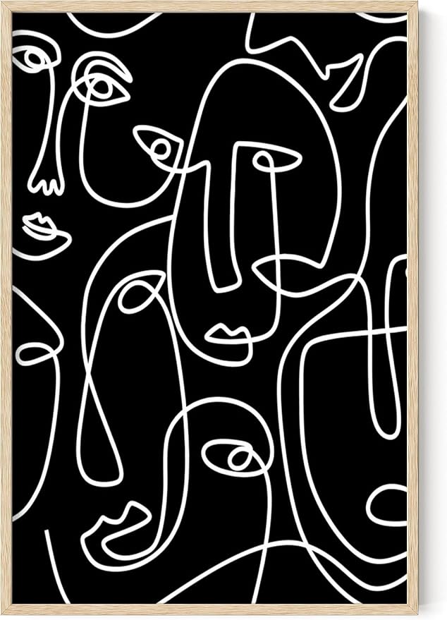Abstract Face Pattern Wall Art Black Background White Continuous Line Drawing 24x36 Inch Oak Wood Beige Framed Modern Diverse Portrait for Living Room Decor