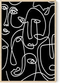 Abstract Face Pattern Wall Art Black Background White Continuous Line Drawing 24x36 Inch Oak Wood Beige Framed Modern Diverse Portrait for Living Room Decor