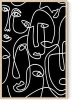 Abstract Face Pattern Wall Art Black Background White Continuous Line Drawing 24x36 Inch Oak Wood Beige Framed Modern Diverse Portrait for Living Room Decor