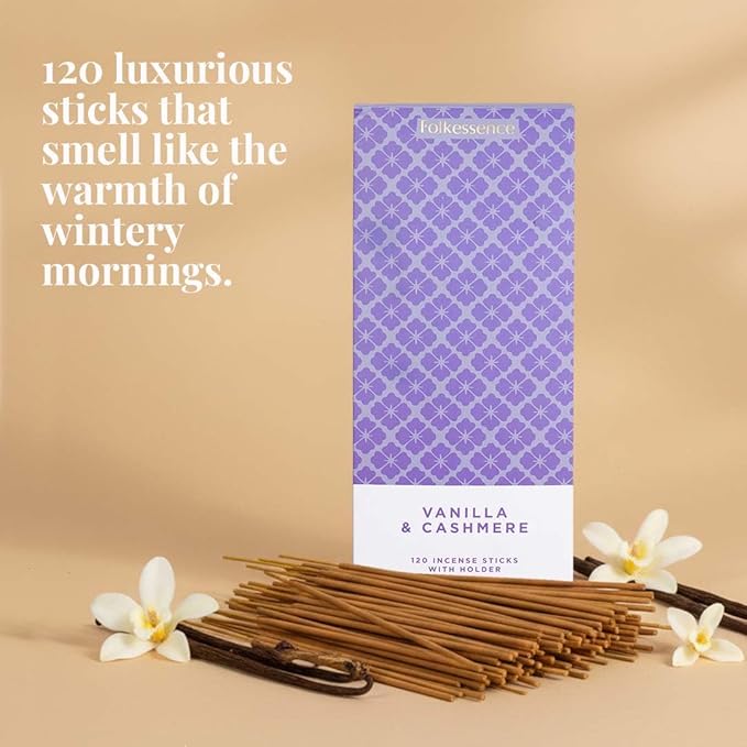 Folkulture Incense Sticks | Set of 120 Insence-Sticks with Holder for Relaxation | Vanilla & Cashmere Incense| Organic, Slow Burning & Non Toxic Inscents | Luxe Sweet Fragrances for Meditation
