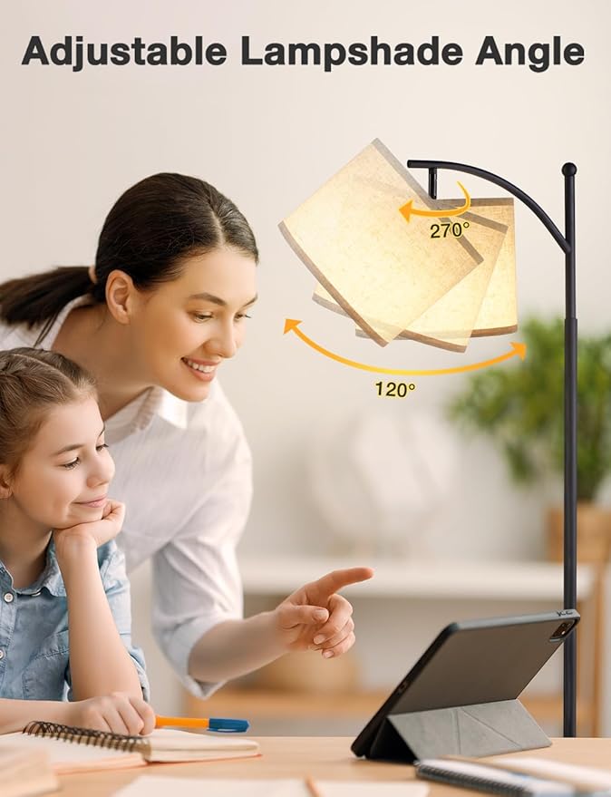 Ambimall Tall Floor Lamps with 3 Color Temperatures Bulb & Adjustable Linen Shade, for Living Room, Bedroom, Office, Classroom, Dorm Room (9W Bulb Included), Beige & Black, 60"