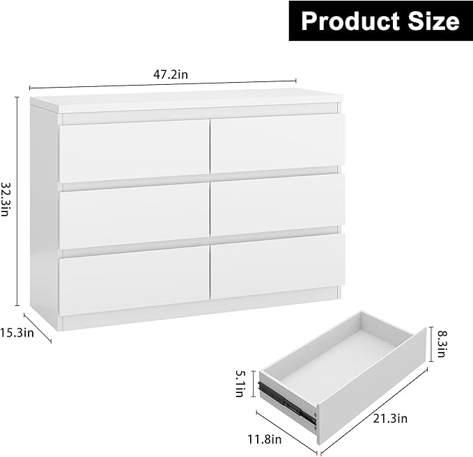 White 6 Drawer Dresser for Bedroom, 15.3" D x 47.2" W x 32.3" H in Simply Modern Chest of Drawers, Wood Storage Double Dresser with Deep Drawers for Living Room, Hallway Entryway, White
