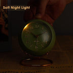 Metal Desk Clock, Retro Bedroom Table Vintage Analog Alarm Clock, Silent Non-Ticking Gold Clock, Bedside Décor(Olive-Green)