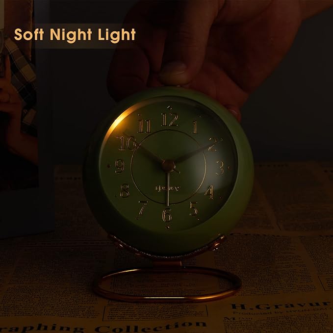 Metal Desk Clock, Retro Bedroom Table Vintage Analog Alarm Clock, Silent Non-Ticking Gold Clock, Bedside Décor(Olive-Green)