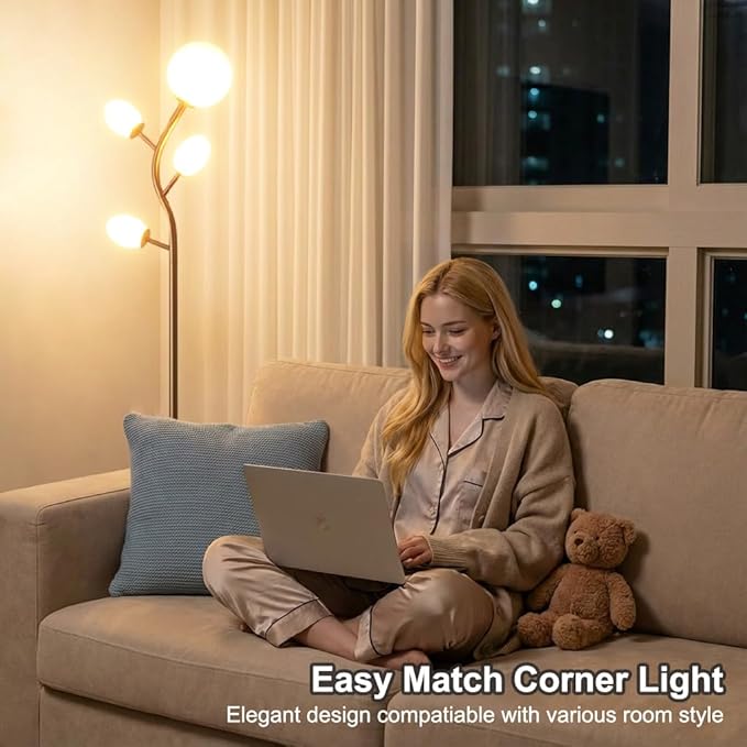 Fiqevs 4 Globe Floor Lamp with 2700K Warm Light LED Bulbs Included, Mid Century Modern Tree Standing Lamp with Frosted Glass Shade, Arc Torch Tall Lamp for Living Room, Bedroom, Office, Antique Brass