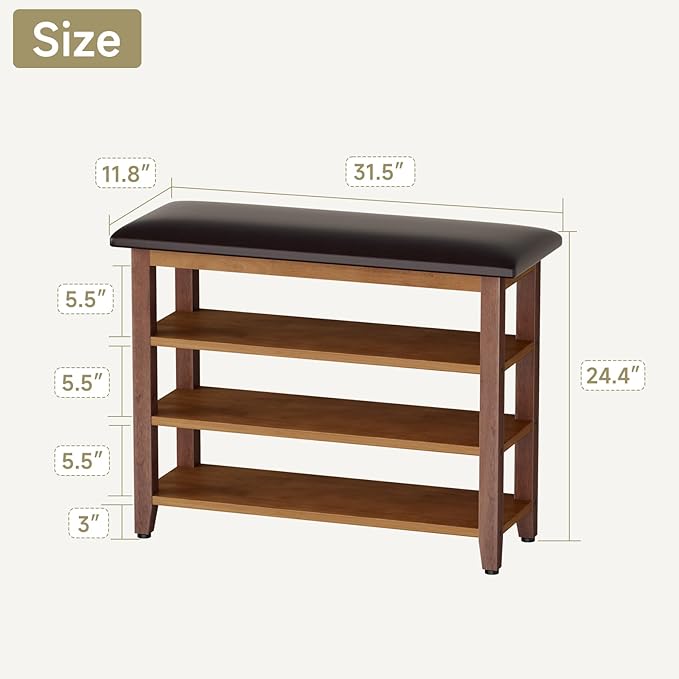 Shoe Bench with Leather Cushion,Wood Bench with Shoe Rack,3-Tier Shoe Storage Organizer for Entryway,Hallway,Living Room (Brown, 3-Tier-31.5")