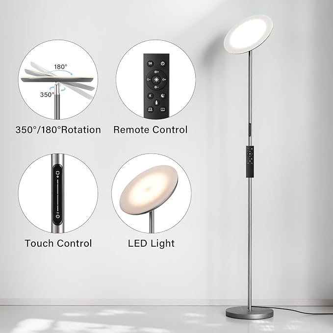 LED Floor Lamp with Remote, Touch Control, Fully Dimmable, Adjustable Brightness, 69 in, Deep Grey