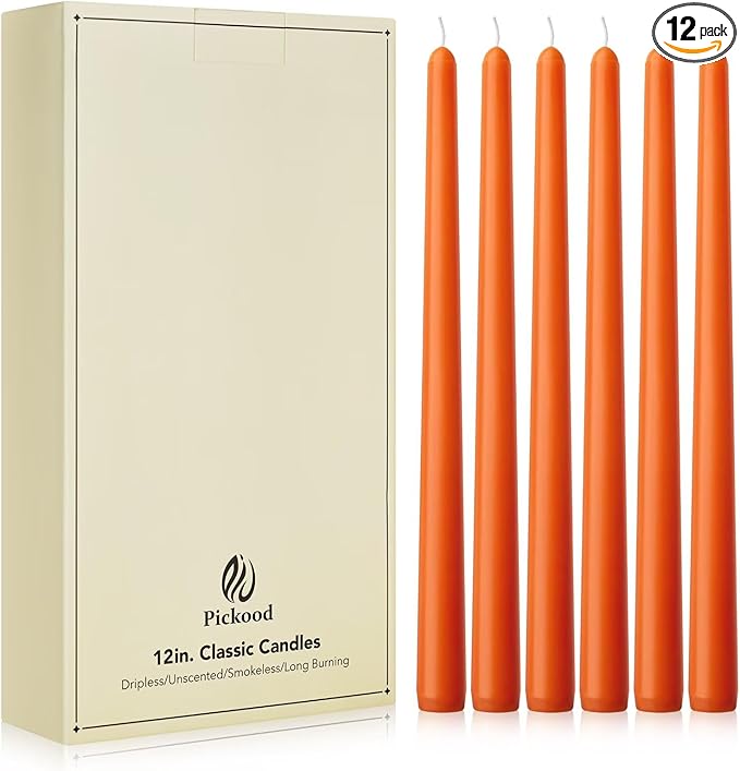 New Burning Formula Unscented Dripless 12-Inch Taper Candles Set of 12 - Orange, for Wedding, Dinner - Smokeless, Long Burning - Hand Poured, Colored Tall Candlesticks - Naranja