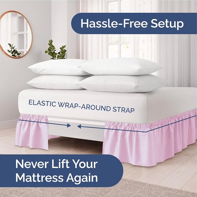 Wrap Around Dust Ruffle Bed Skirt - Light Pink - Twin/Twin XL Size Beds with 24 Inch Drop - Elastic Strap - Adjustable Pleated Bedskirt with Brushed Fabric and Wrinkle Free - Women, Men, Kids & Teens