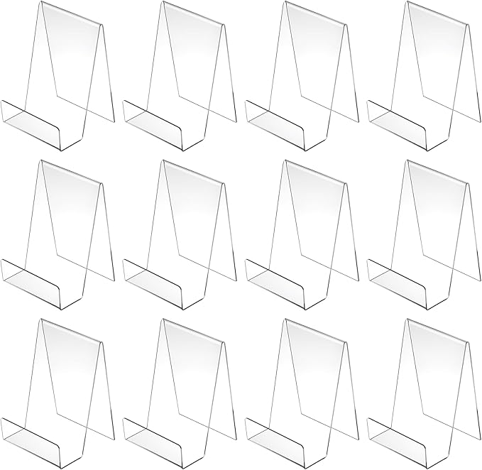 SHENLIU 12 Pack Clear Book Stand, 6x4 Inch Acrylic Easel Stand Book Display Holder, Display Stands for Album, CD, Music Sheets, Plate, Artworks, Phone, Tablet, Magazine, Postcard