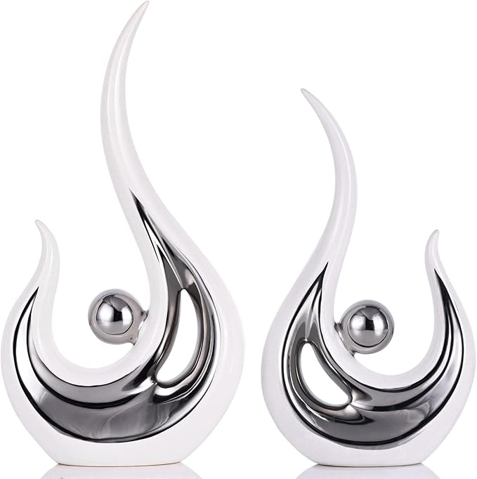 XMGZQ 2pcs White Silver Modern Abstract Art Statue Table Decor,Elegantes Ceramic Statue for Home Décor Accent,Mantel,Bookshelf,Centerpiece Table Decoration for Dining Room,adornos para sala