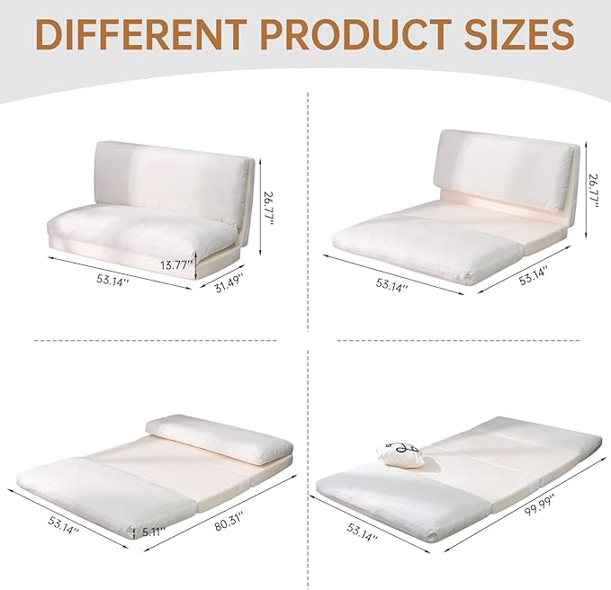 Bean Bag Chairs for Adults,Folding Sofa Bed,Floor Couch Bed, Foam Filling Fold Floor Mattress with Washable Soft Faux Fur Cover, Leisure Floor Couch for Bedroom Living Room(Cream, Double)