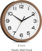 AKCISOT Wall Clock, Modern Small Wall Clocks Battery Operated 8 Inch, Silent Non-Ticking Analog Classic for Office, Home, Bathroom, Kitchen, Bedroom, School(Walnut Grain)