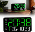 Multifunctional Decorative Led Digital Wall Clock,Large Digital Clock Shows Time,Date,Temperature,Auto Brightness Adjustment,Dual Alarms,Electronic Clock for Livingroom (Green lamp with black shell)