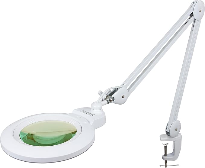Neatfi XL Bifocal LED Magnifying Lamp – 7” Acrylic Lens, 5D/20D Magnification, 1,600 Lumens, Dimmable with 3 Light Modes, Adjustable Arm & Clamp, Lamp for Reading, Crafting (White, CCT with Clamp)
