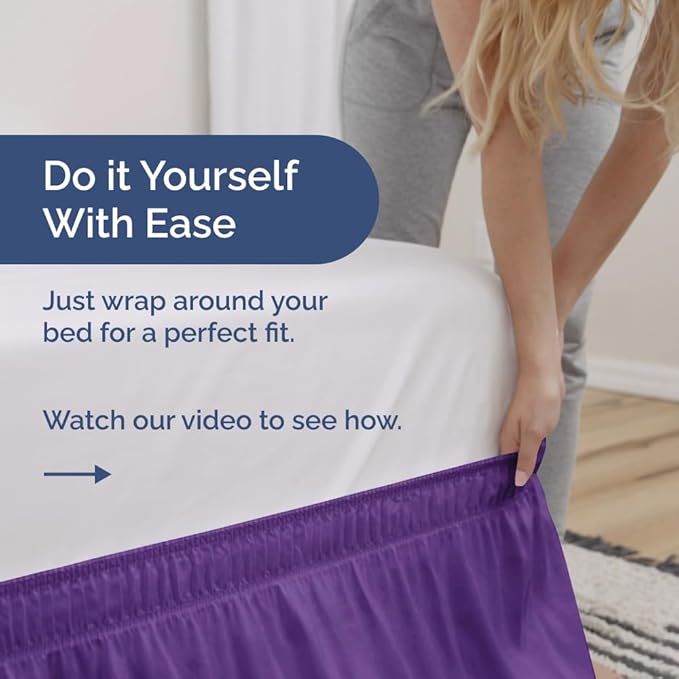 Wrap Around Dust Ruffle Bed Skirt - Purple - for King Size Beds with 21 Inch Drop - Easy Fit Elastic Strap - Adjustable Pleated Bedskirt w/Brushed Fabric - Wrinkle Free - for Women, Men, Kids & Teens