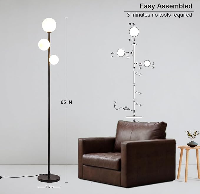 Fiqevs 3 Globe Mid Century Modern Floor Lamp, 3 x 800LM LED Bulbs Included, Matt Black Standing Lamp with Sphere Frosted Glass Shade, Vintage Retro Tall Pole Lamp for Living Room, Bedroom Office