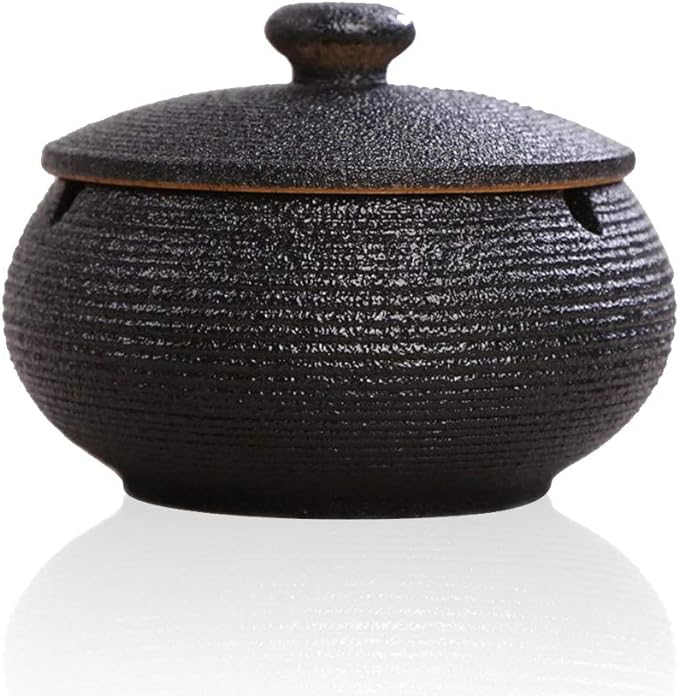 Lependor Ceramic Ashtray with Lids, Windproof, Cigarette Ashtray for Indoor or Outdoor Use，Ash Holder for Smokers,Desktop Smoking Ash Tray for Home Office Decoration - Black