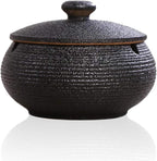 Lependor Ceramic Ashtray with Lids, Windproof, Cigarette Ashtray for Indoor or Outdoor Use，Ash Holder for Smokers,Desktop Smoking Ash Tray for Home Office Decoration - Black