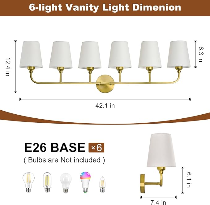 Kvhilw Bathroom Vanity Light, Brushed Gold Bathroom Light Fixtures, 6-Light Lighting Fixtures Over Miror, Modern Wall Sconce with Flared White Fabric Shade, E26 Socket(ETL Listed)