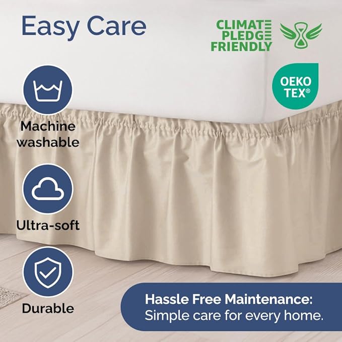 Wrap Around Dust Ruffle Bed Skirt - Wheat - Twin/Twin XL Size Beds w/ 15 Inch Drop - Easy Fit Elastic Strap - Adjustable Pleated Bedskirt w/Brushed Fabric - Wrinkle Free - Women, Men, Kids & Teens