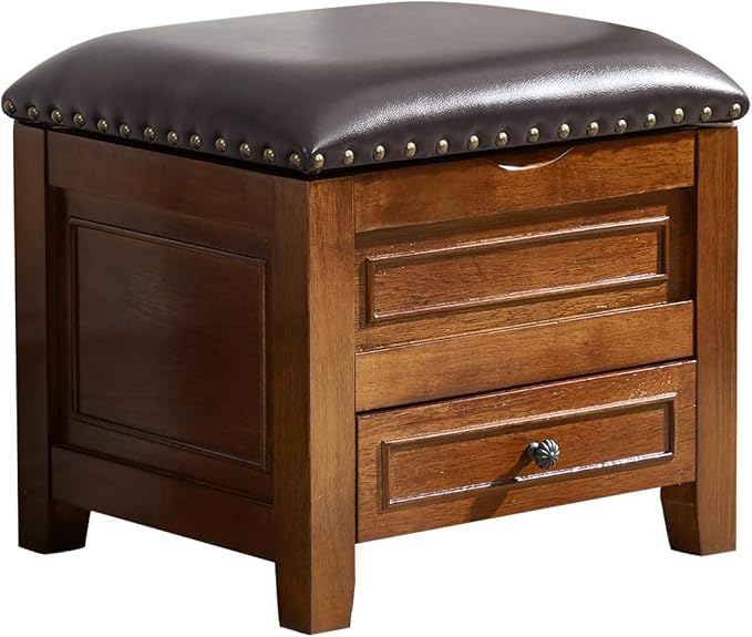 Storage Ottoman with Drawer, Shoe Bench Use Microfiber Leather Cushion Top with Wooden Base for Hallway, Bedroom, Living Room