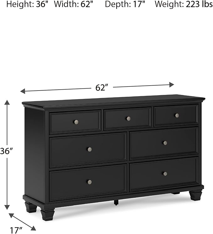 Signature Design by Ashley Lanolee Traditional Dresser with Framed Drawer Fronts and Tapered Feet, 7 Drawers, Satin Nickel Knobs, Wood, 36" High, Black