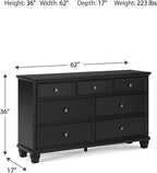 Signature Design by Ashley Lanolee Traditional Dresser with Framed Drawer Fronts and Tapered Feet, 7 Drawers, Satin Nickel Knobs, Wood, 36" High, Black