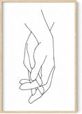 Holding Hands Wall Art Interlocking Fingers Connection Continuous Line Drawing 24x36 Inch Oak Wood Beige Framed Modern Minimalist Unity Print for Bedroom