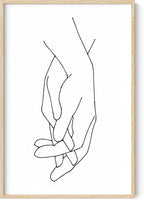 Holding Hands Wall Art Interlocking Fingers Connection Continuous Line Drawing 24x36 Inch Oak Wood Beige Framed Modern Minimalist Unity Print for Bedroom