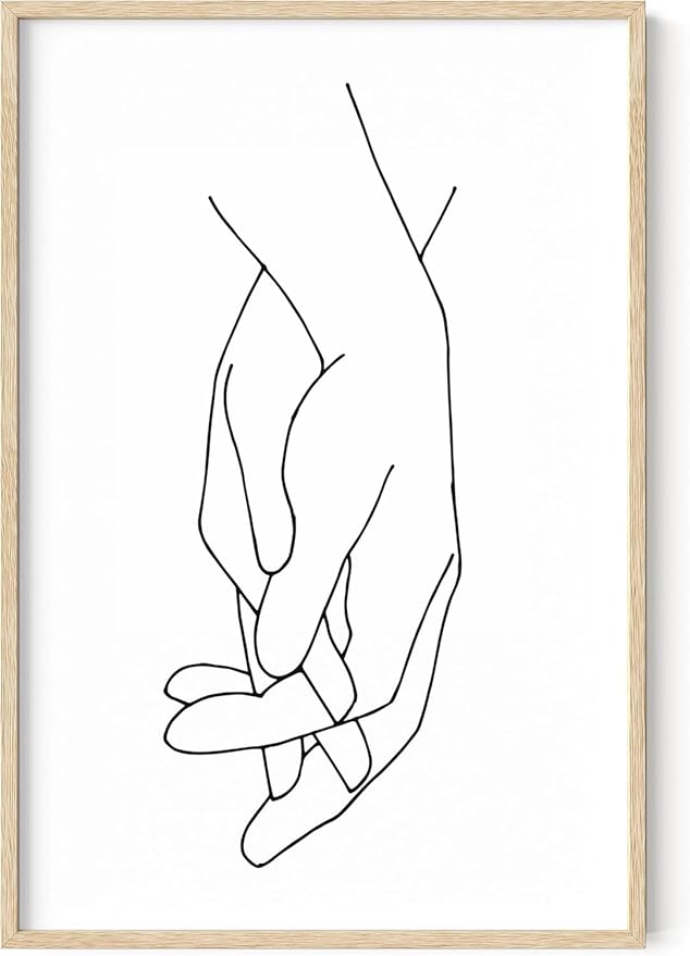 Holding Hands Wall Art Interlocking Fingers Connection Continuous Line Drawing 24x36 Inch Oak Wood Beige Framed Modern Minimalist Unity Print for Bedroom