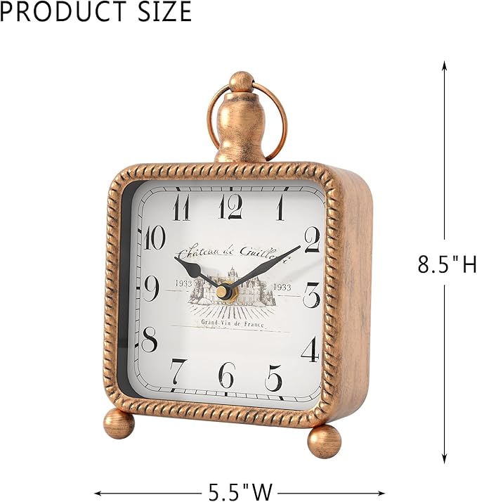 Vintage Gold Table Clock on Stand, Desk and Shelf Decor Clock, French Rustic Style Mantel Clocks for Farmhouse, Living Room, Bedroom, Bedside, Gift (8.5" H x 5.5" W)