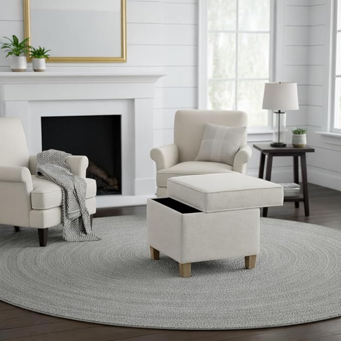 Homepop Home Decor | K7342-F2067 | Classic Square Storage Ottoman with Lift Off Lid | Ottoman with Storage for Living Room & Bedroom, Cream Woven