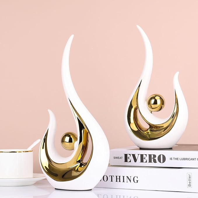 XMGZQ 2pcs White and Gold Modern Abstract Art Statue Table Decoration,Elegantes Ceramic Statue for Home Décor Accent,Mantel,Bookshelf,Centerpiece Table Decorations for Dining Room,adornos para sala