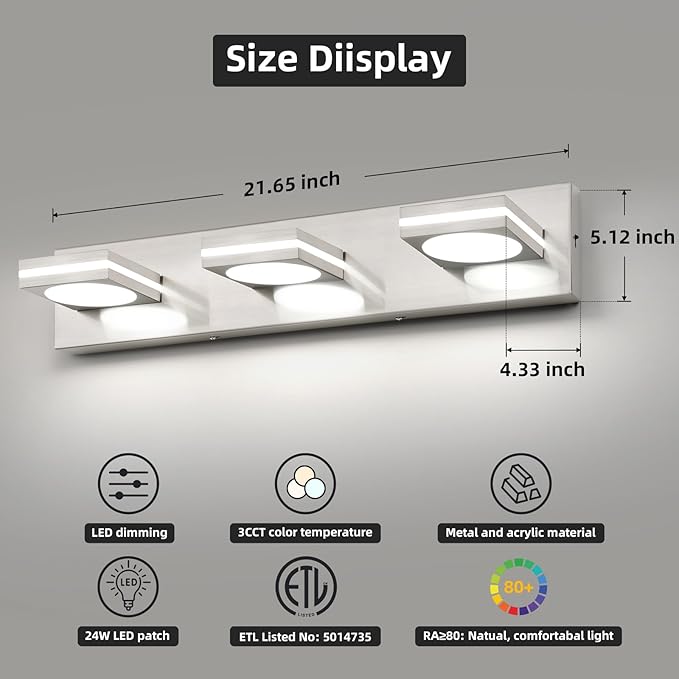OKELI LED Modern Bathroom Vanity Light Fixtures (3-Light, 22-Inch), Brushed Nickel Acrylic Bathroom Wall Lighting Fixtures Over Mirror, 3CCT, ETL Listed, Dimmable