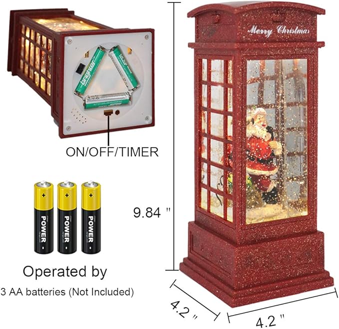 Eldnacele Christmas Snow Globe Lantern Phone Booth, Swirling Water Glittering Battery Operated Festicval Ornament with Timer for Christmas Tabletop Centerpiece Home Decoration(Phone Booth)