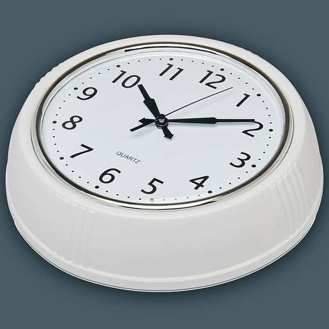Bernhard Products Retro Wall Clock 12 Inch White Kitchen 50's Vintage Design Round Silent Non-Ticking Quality Quartz Clock for Home Office Nursery Bathroom Classroom Easy to Read