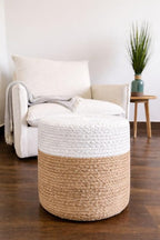 Jute Pouf Ottoman | Footrest Pouf | Hand Braided - Round Boho Pouffe - for Living Room, Bedroom, Nursery (16"x16"x16") Ivory