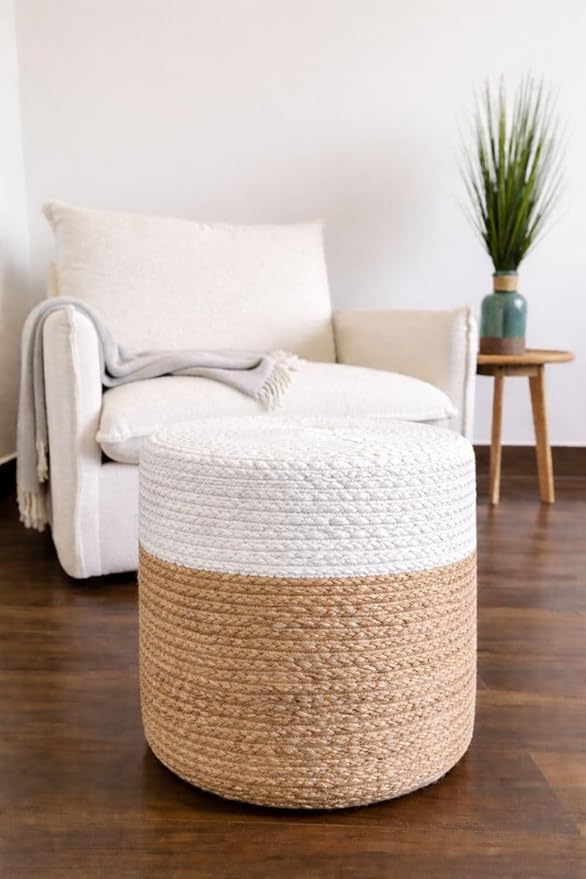 Jute Pouf Ottoman | Footrest Pouf | Hand Braided - Round Boho Pouffe - for Living Room, Bedroom, Nursery (16"x16"x16") Ivory
