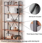HSH 5 Tier Solid Wood Bookshelf, Natural Real Wood Bookcase, Industrial Rustic Vintage Etagere Bookshelf, Open Metal Farmhouse Solid Wooden Book Shelf, Distressed Brown
